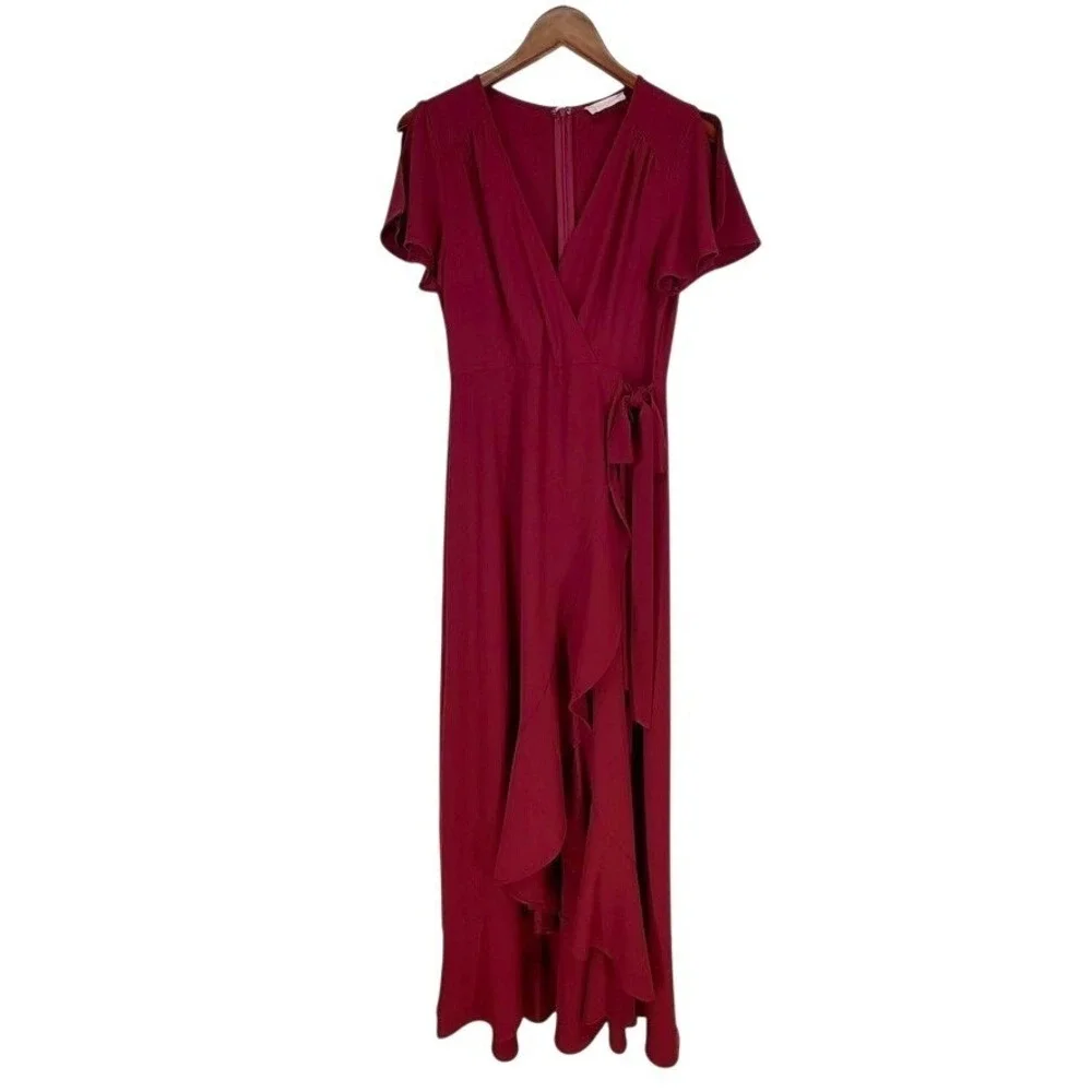 Altar'd State Faux Wrap Maxi Dress Red M Ruffle High Low Flutter Sleeve Formal
